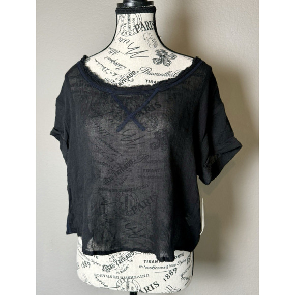 We The Free Women’s Short Sleeve Frayed Black Semi Sheer Shirt Top Oversized XS - Picture 1 of 13